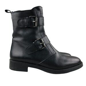 Emanuele Crasto Women's Size 39 Black Leather Double Buckle Moto Boots ITALY